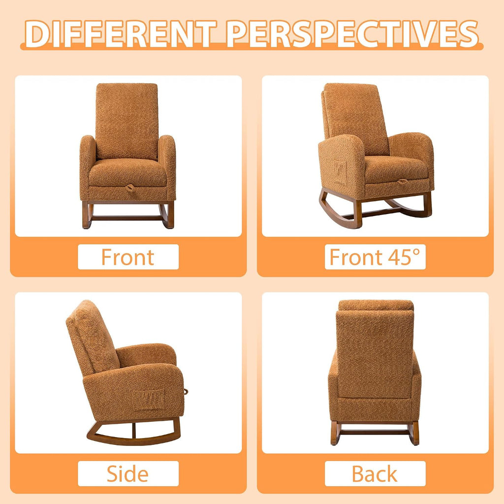 Aoiy & Wifon Rocking Chair Nursery, Modern Nursery Rocking Chairs with Side Pocket & Footrest, Upholstered Rocking Chair Nursery Glider, Boucle, Caramel