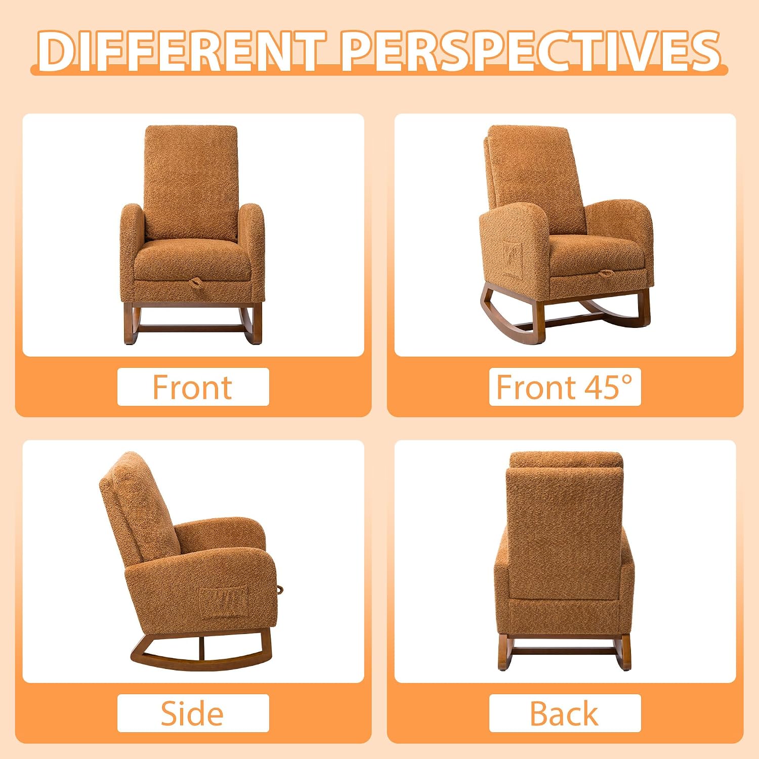 Aoiy & Wifon Rocking Chair Nursery, Modern Nursery Rocking Chairs with Side Pocket & Footrest, Upholstered Rocking Chair Nursery Glider, Boucle, Caramel