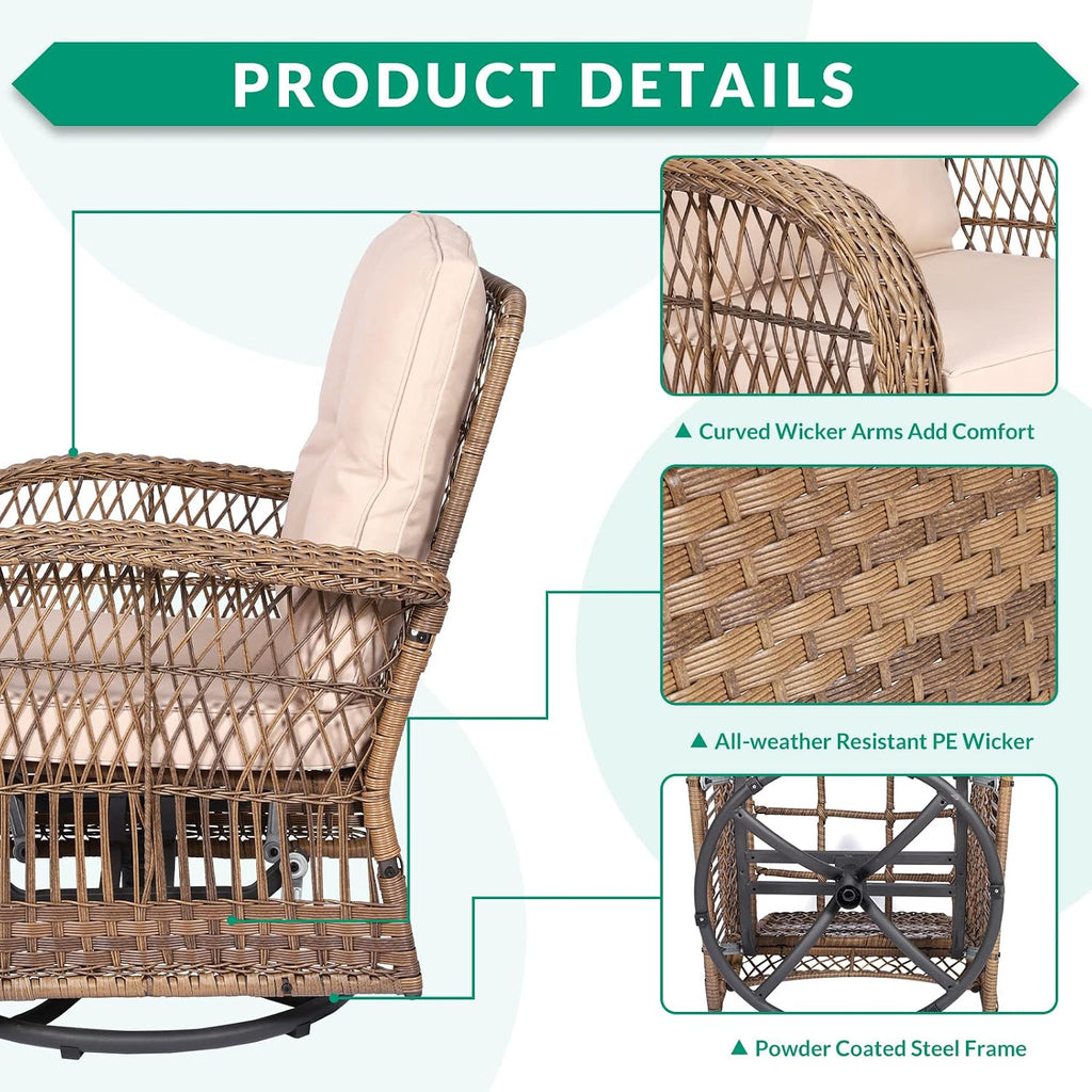 VIVIJASON 5-Piece Outdoor Patio Wicker Conversation Sets, All Weather Outdoor Rattan Furniture Set Includes Glider Loveseat, 2 Coffee Table, 2 Swivel-Gliders Chairs with Cushions, Light Brown