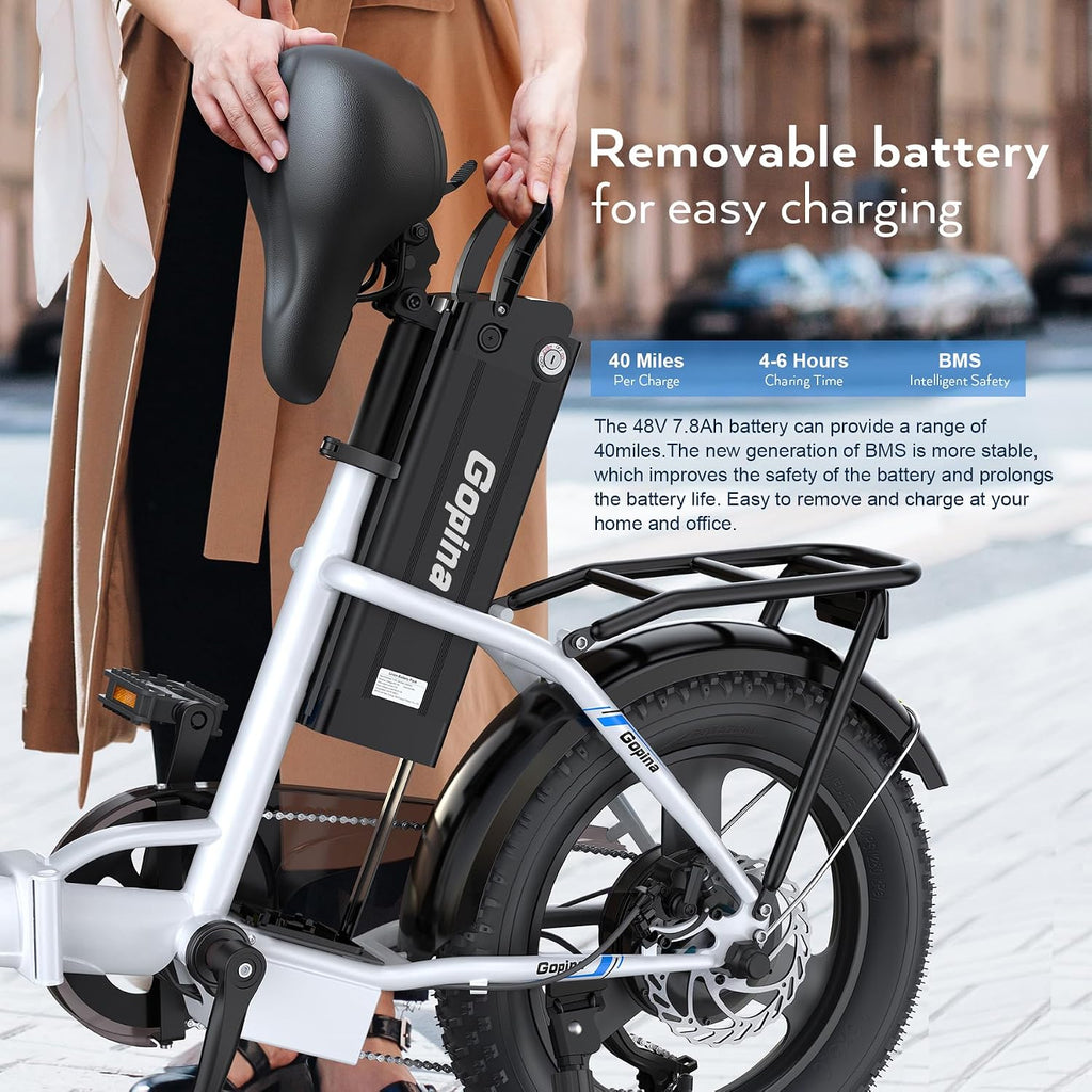 Vivi Gopina Electric Bike, 16' x 3.0 Fat Tire Electric Bike, Peak 500W Step Thru Electric Bicycle, 48V Removable Battery, Up to 40 Miles, LCD Display, 20mph, 7 Speed, SGS Certified to UL2849