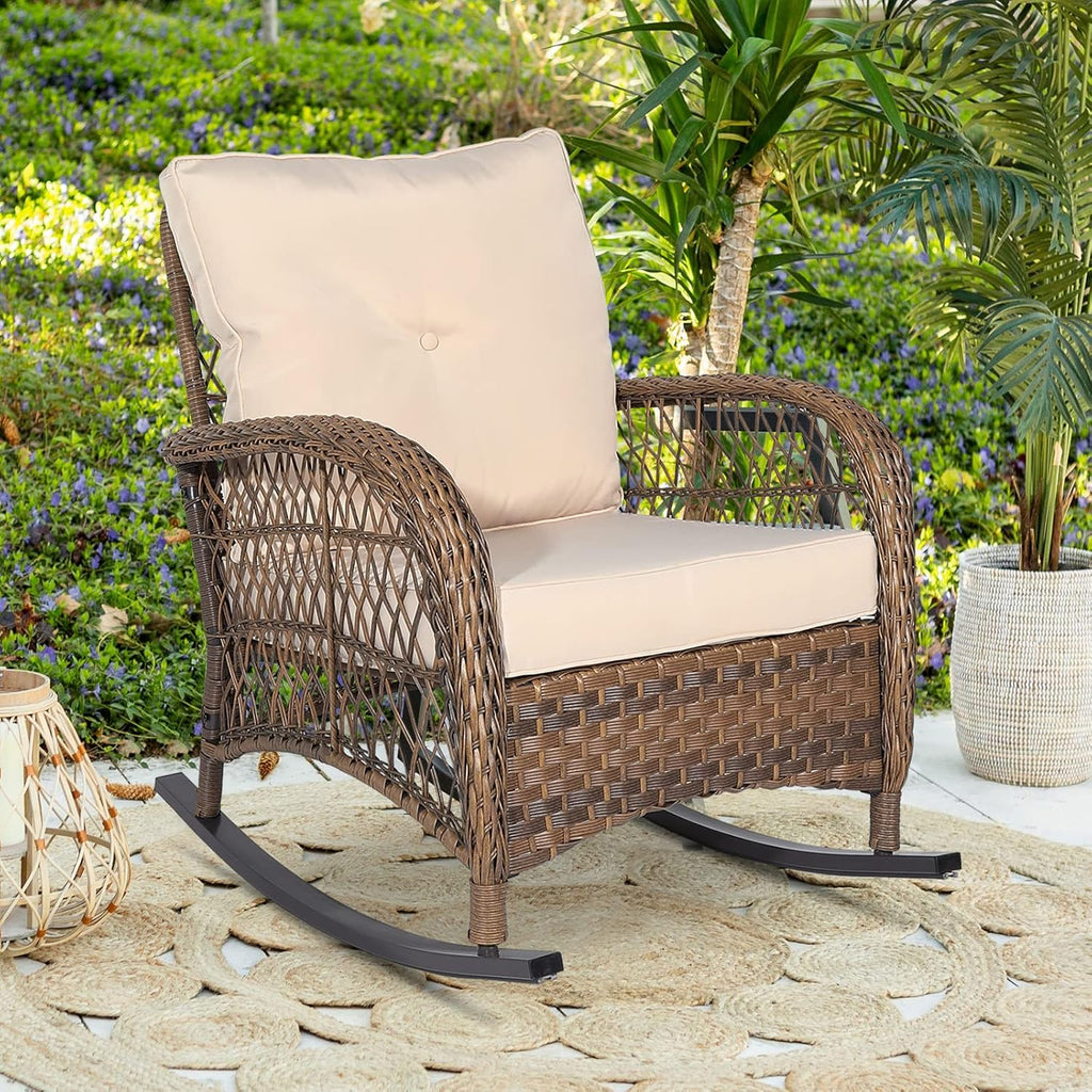 Outdoor Wicker Rocking Chair with Thickened Cushions, All-Weather Rattan Patio Rocking Chairs, Rocker Wicker Chair for Backyard & Porch Garden, Beige
