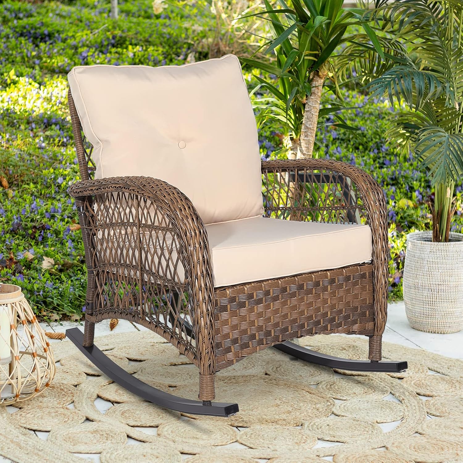 Outdoor Wicker Rocking Chair with Thickened Cushions, All-Weather Rattan Patio Rocking Chairs, Rocker Wicker Chair for Backyard & Porch Garden, Beige