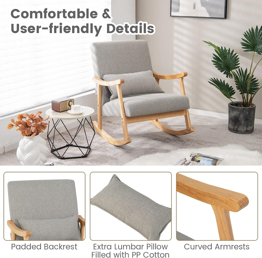 Giantex Upholstered Rocking Chair - Modern Rocker with Rubber Wood Frame, Comfy Backrest & Seat, PP Padded Pillow, Single Rocking Chair for Living Room, Nursery, Bedroom, Lounge, Office, Grey