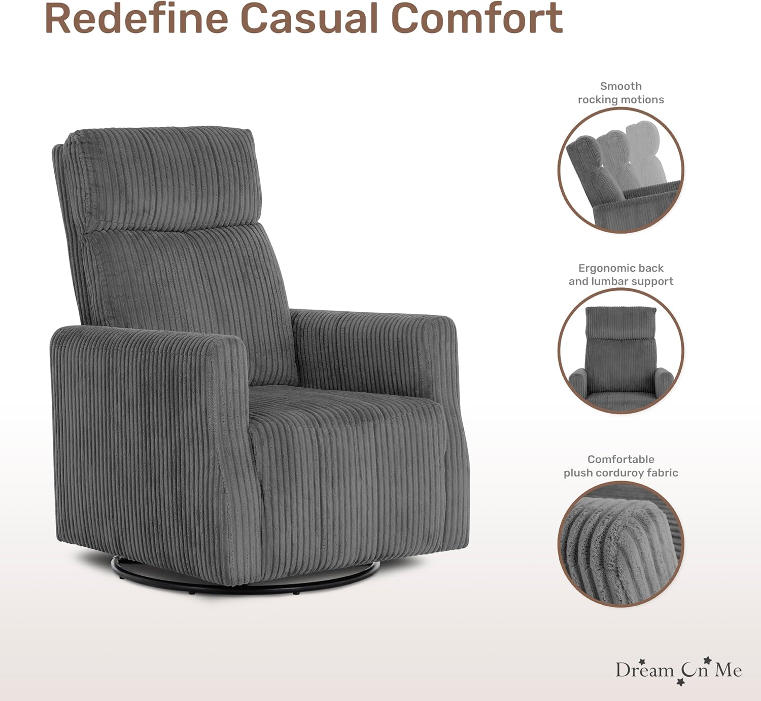 Dream On Me Oliver Swivel Glider with 360-Degree Swivel and Plush Corduroy Fabric, FSC Certified.