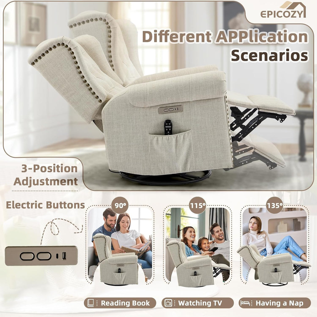 Power Swivel Rocking Glider Recliner Chair with Massage and Heat, Electric Nursery Glider Rocker for Living Room, Wingback Tufted Upholstered Recliner Chair with Type-C & USB Ports, Beige