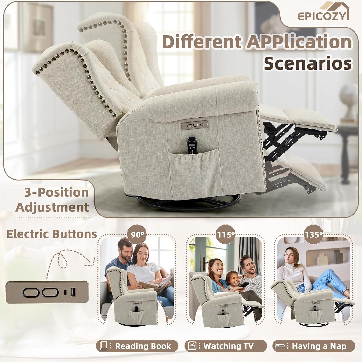 Power Swivel Rocking Glider Recliner Chair with Massage and Heat, Electric Nursery Glider Rocker for Living Room, Wingback Tufted Upholstered Recliner Chair with Type-C & USB Ports, Beige