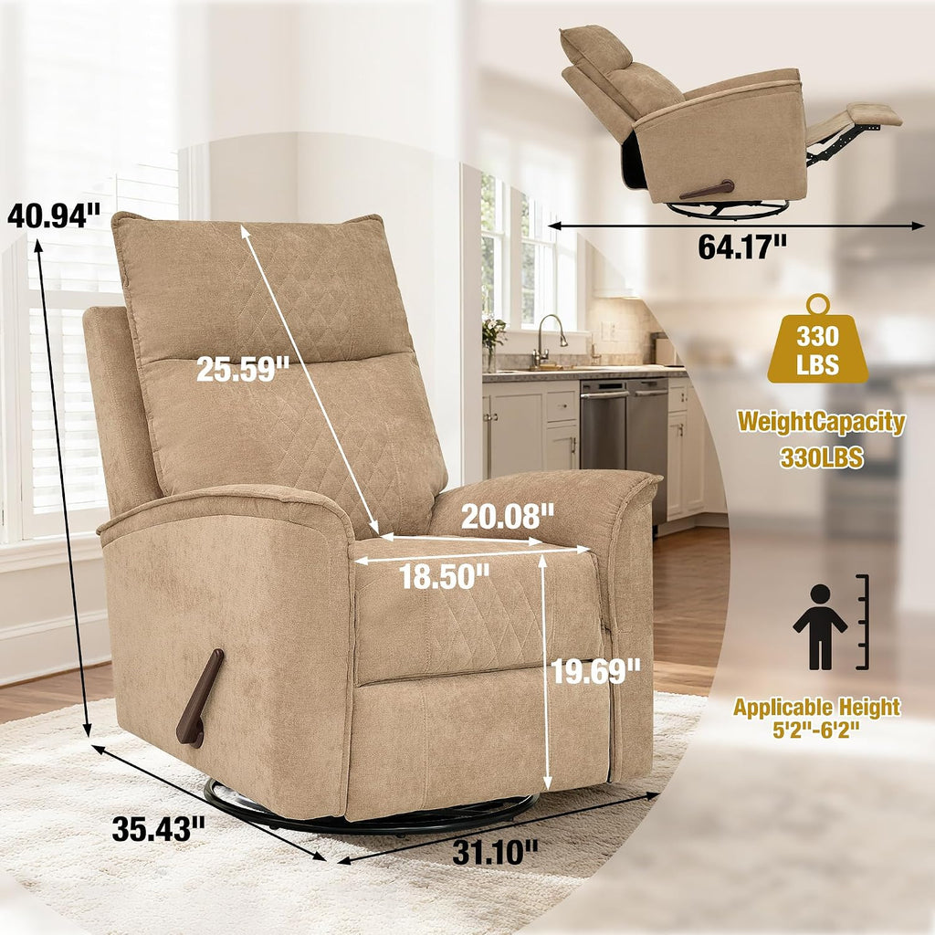 Swivel Rocker Recliner Chair for Adults, Rocking Chair, Small Swivel Recliner for Small Spaces, Living Room, Bedroom, RV(Khaki)
