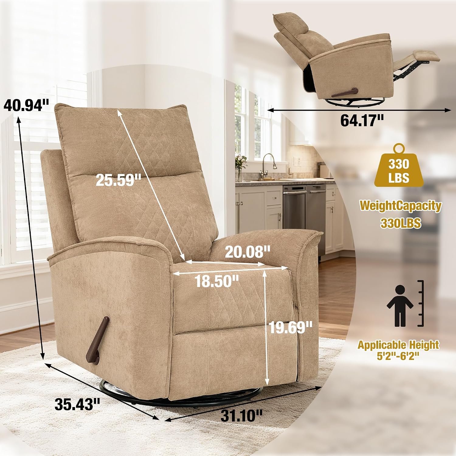 Swivel Rocker Recliner Chair for Adults, Rocking Chair, Small Swivel Recliner for Small Spaces, Living Room, Bedroom, RV(Khaki)