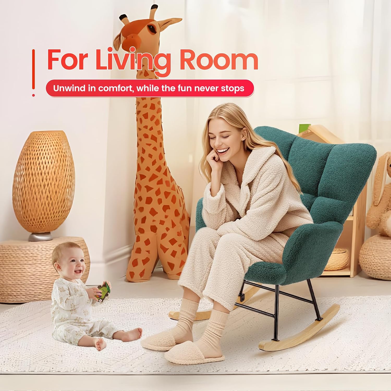 HealSmart Nursery Rocking Chair Teddy - Upholstered Comfy Glider Rocker with High Back Armchair, Cozy Reading Recliner Fluffy Comfortable Chair for Bedroom, Baby Room, Living Room and Study, Green