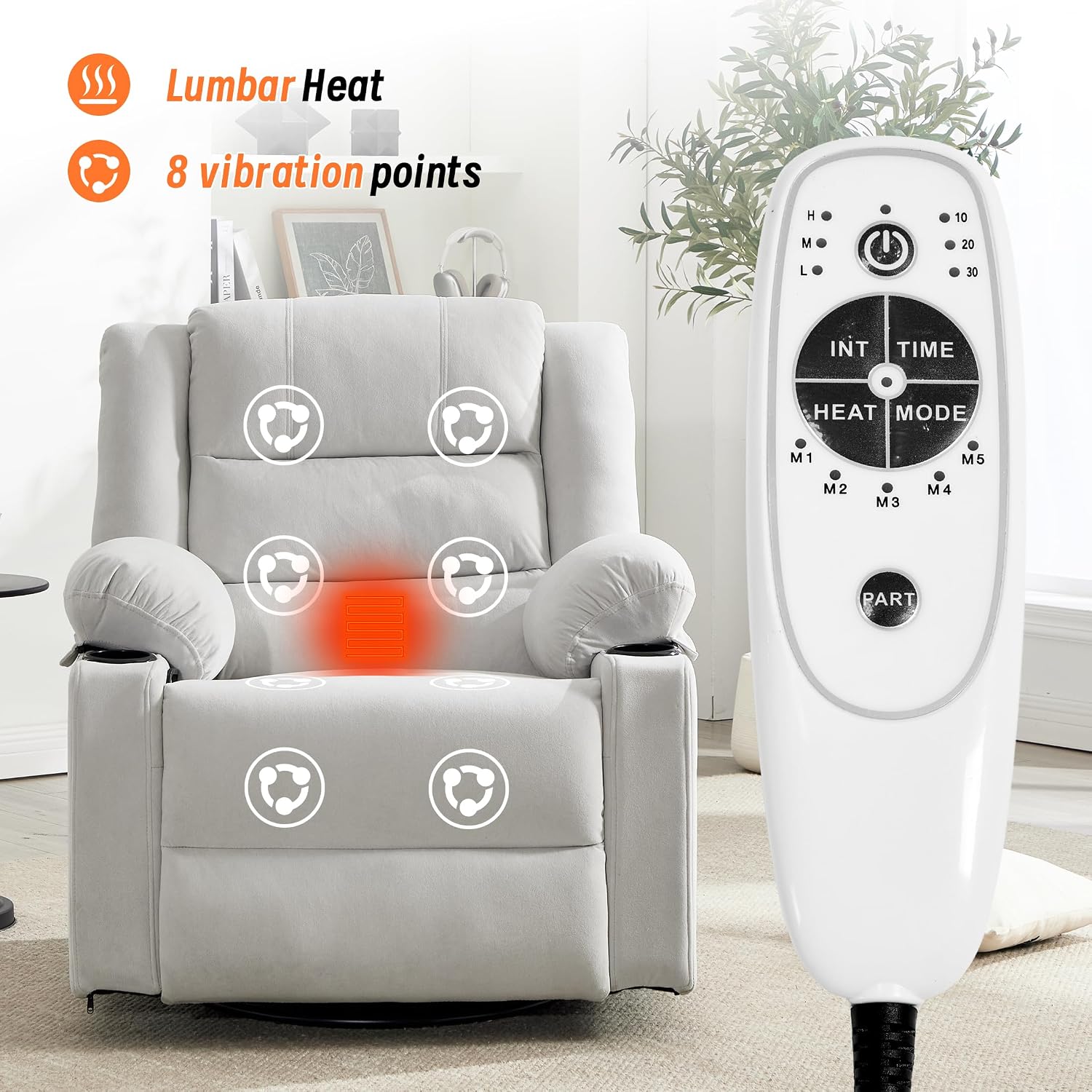 360°Swivel Rocker Recliner Chair for Adults,Manual Glider Recliner Sofa with Massage and Heating, Nursery Rocking Chairs with Cup Holds for Living Room Bedroom (Beige)