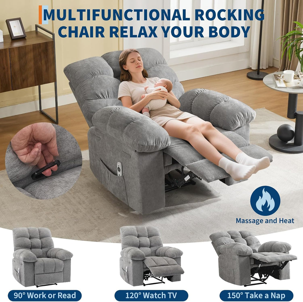 Recliner Rocking Chair with Massage & Heat, Wide Overstuffed Fabric Recliner with Breathable Upholstery, Ergonomic Design, 2 Side Pockets & Remote Control for Living Room or Bedroom (Gray)