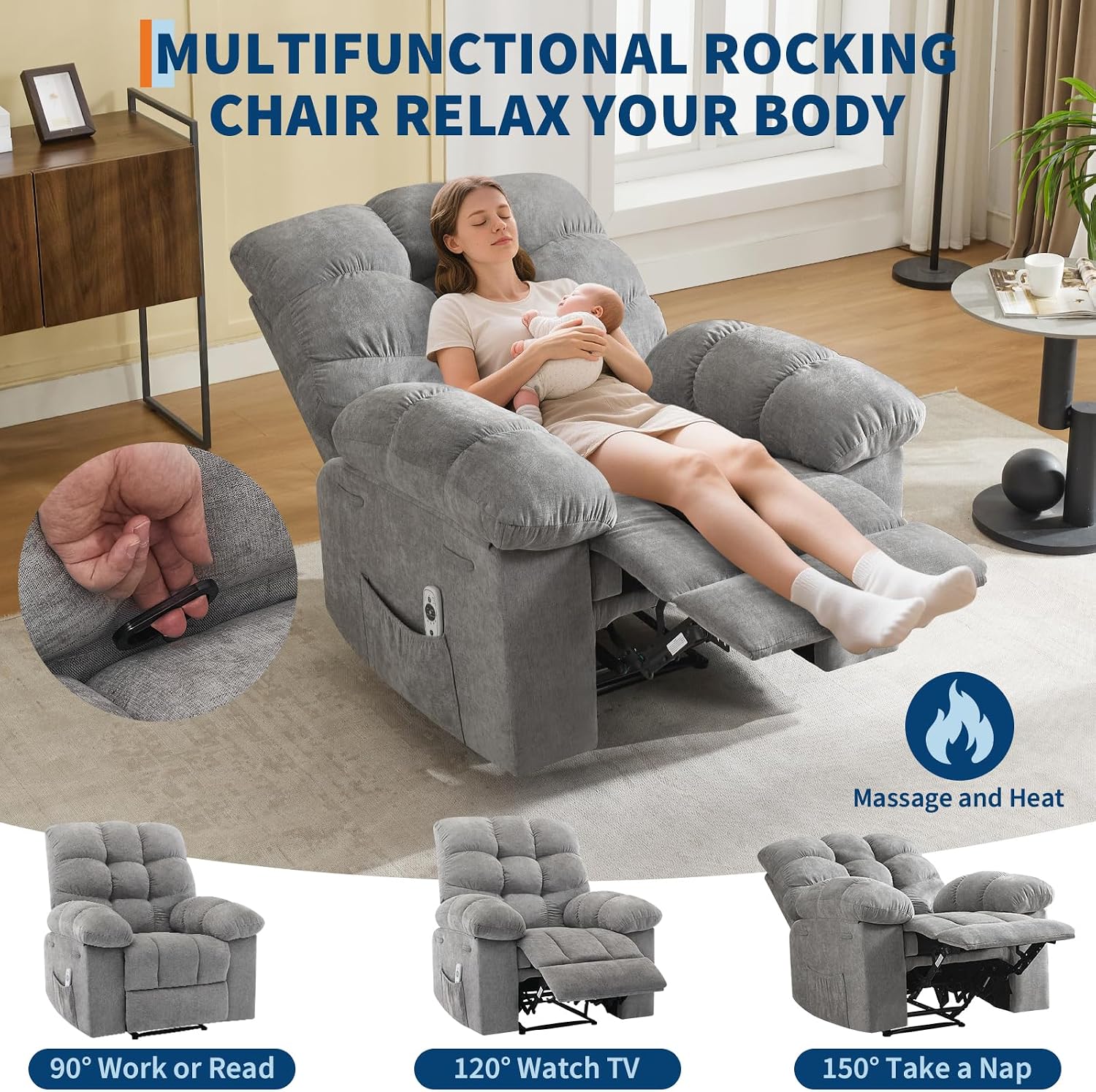 Recliner Rocking Chair with Massage & Heat, Wide Overstuffed Fabric Recliner with Breathable Upholstery, Ergonomic Design, 2 Side Pockets & Remote Control for Living Room or Bedroom (Gray)