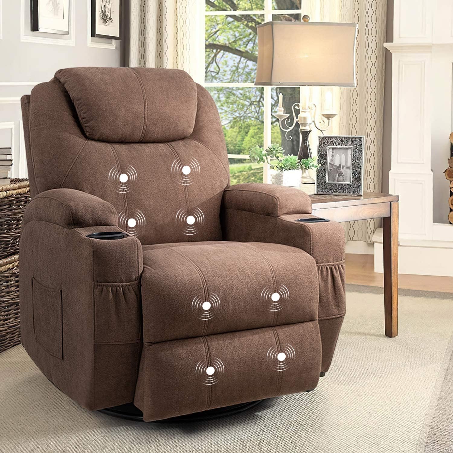 Flamaker Rocking Chair Recliner Chair with Massage Swivel Ergonomic Lounge Chair Classic Single Sofa with 2 Cup Holders Side Pockets Living Room Chair Home Theater Seat (Brown)