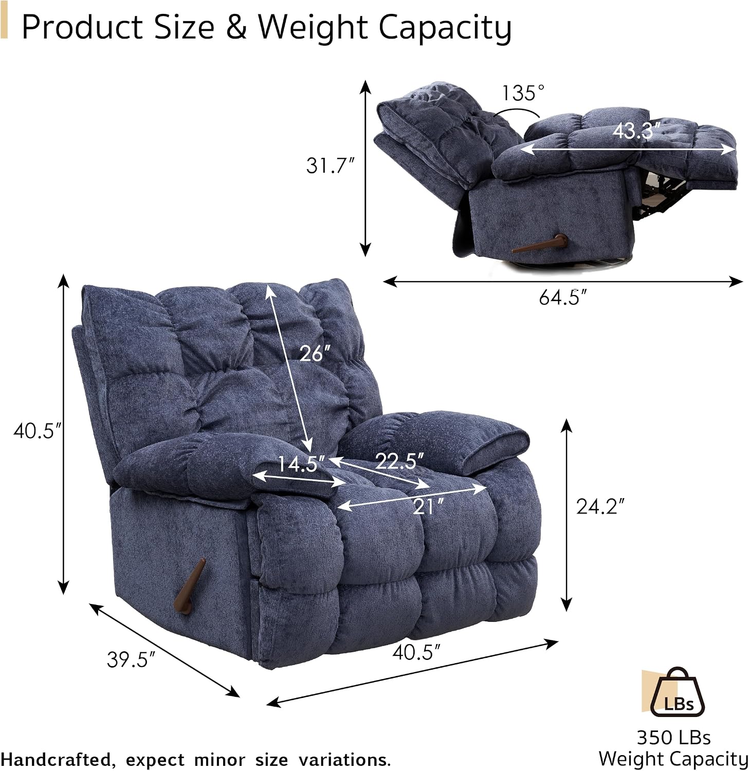 SITJOY Oversized Power Swivel Rocker Recliner Chair, Overstuffed Extra Wide Rocking Chair for Big and Tall, Glider Recliner Nursery Chair, Soft Breathable Fabric in Dark Blue, Manual