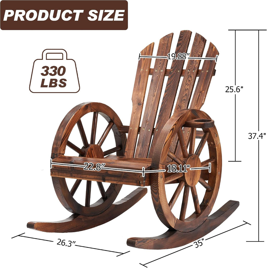 AHB Outdoor Wood Rocking Chair, Wagon Wheel Decor Armrest Yard Glider Rocking Patio Chair with Slatted Design, Adirondack Rocking Chair for Porch Lawn Garden Balcony Poolside, Brown (1 PCS)
