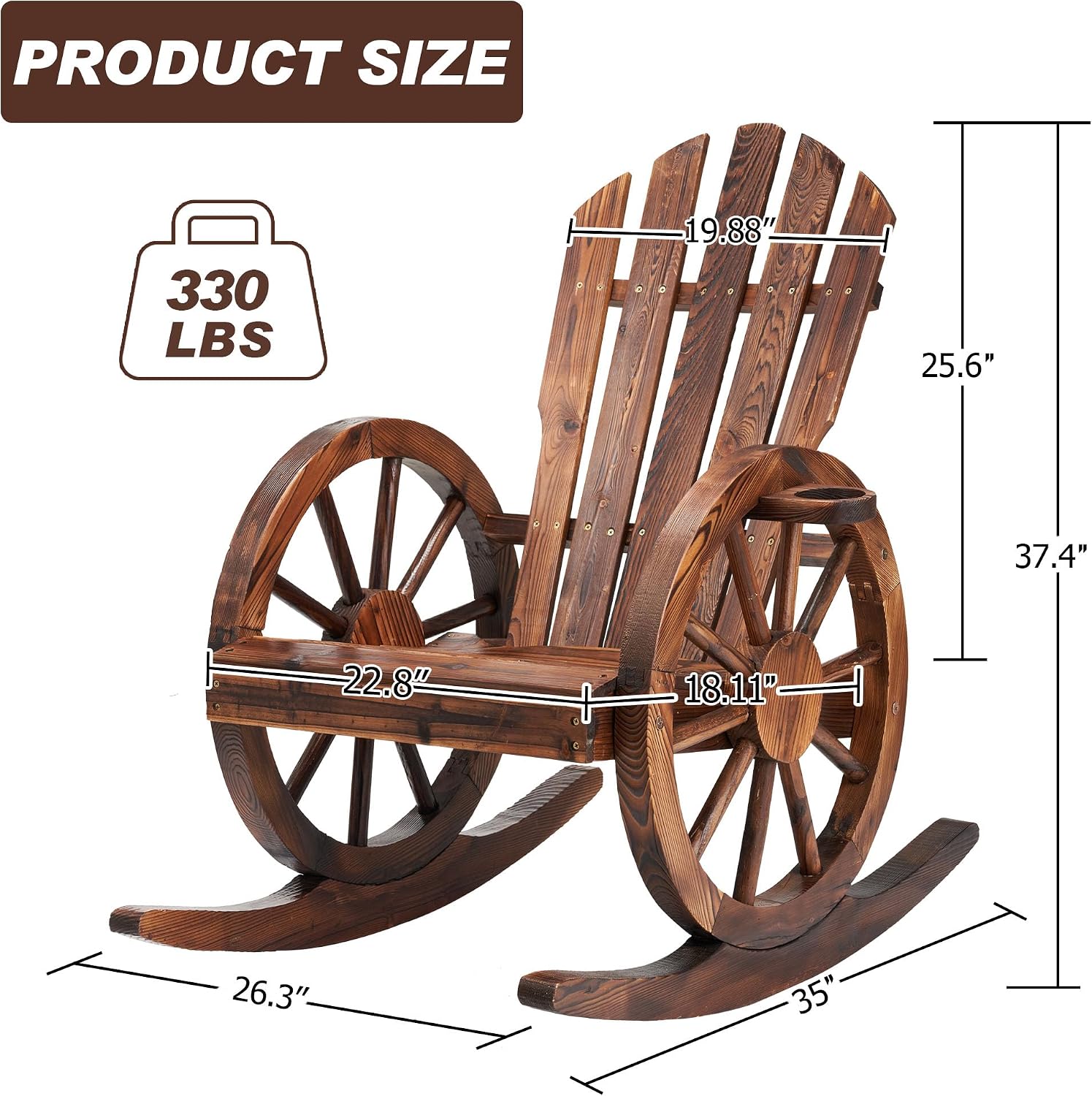 AHB Outdoor Wood Rocking Chair, Wagon Wheel Decor Armrest Yard Glider Rocking Patio Chair with Slatted Design, Adirondack Rocking Chair for Porch Lawn Garden Balcony Poolside, Brown (1 PCS)