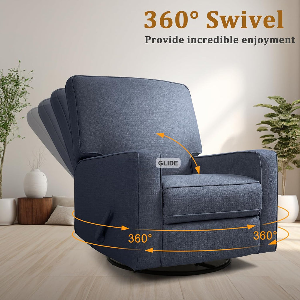 Swivel Rocker Recliner Chair for Adults, High Back Fabric Recliner with Deep Seat, Manual Glider for Living Room & Nursery, Blue