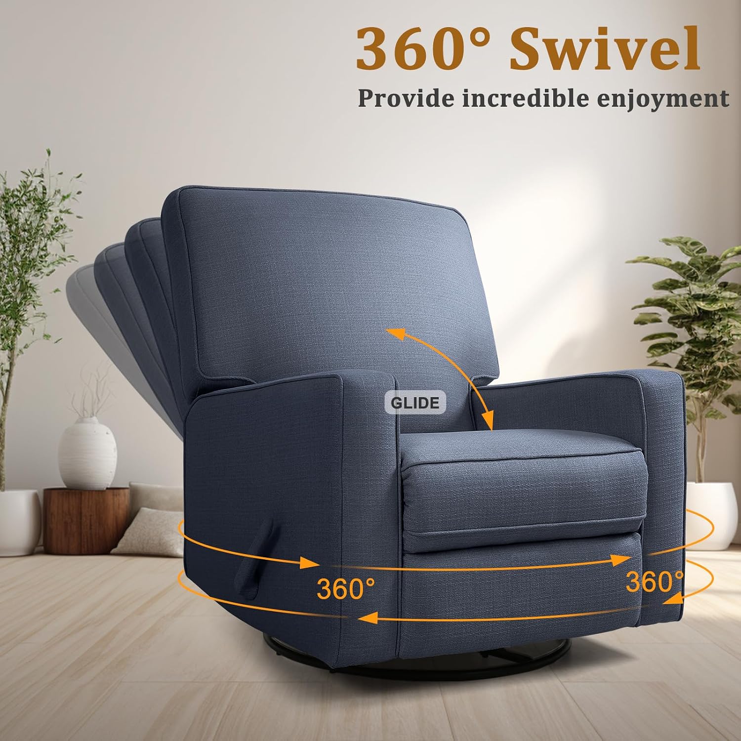 Swivel Rocker Recliner Chair for Adults, High Back Fabric Recliner with Deep Seat, Manual Glider for Living Room & Nursery, Blue