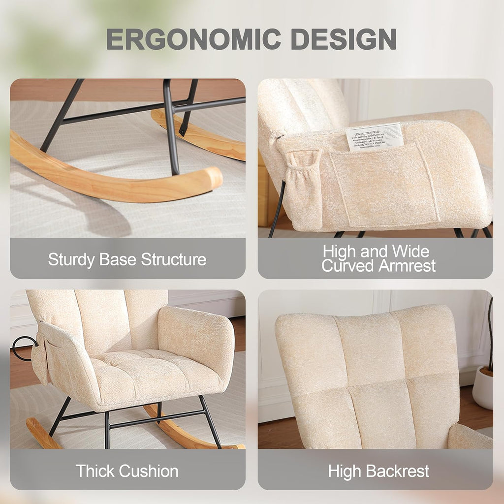 Rocking Chair Nursery with Airbag, Nursery Rocking Reading Chair Indoor, Cozy Upholstered Glider Rocker Chairs for Living Room Bedroom Offices, Sillas Mecedoras(Chenille, Beige)