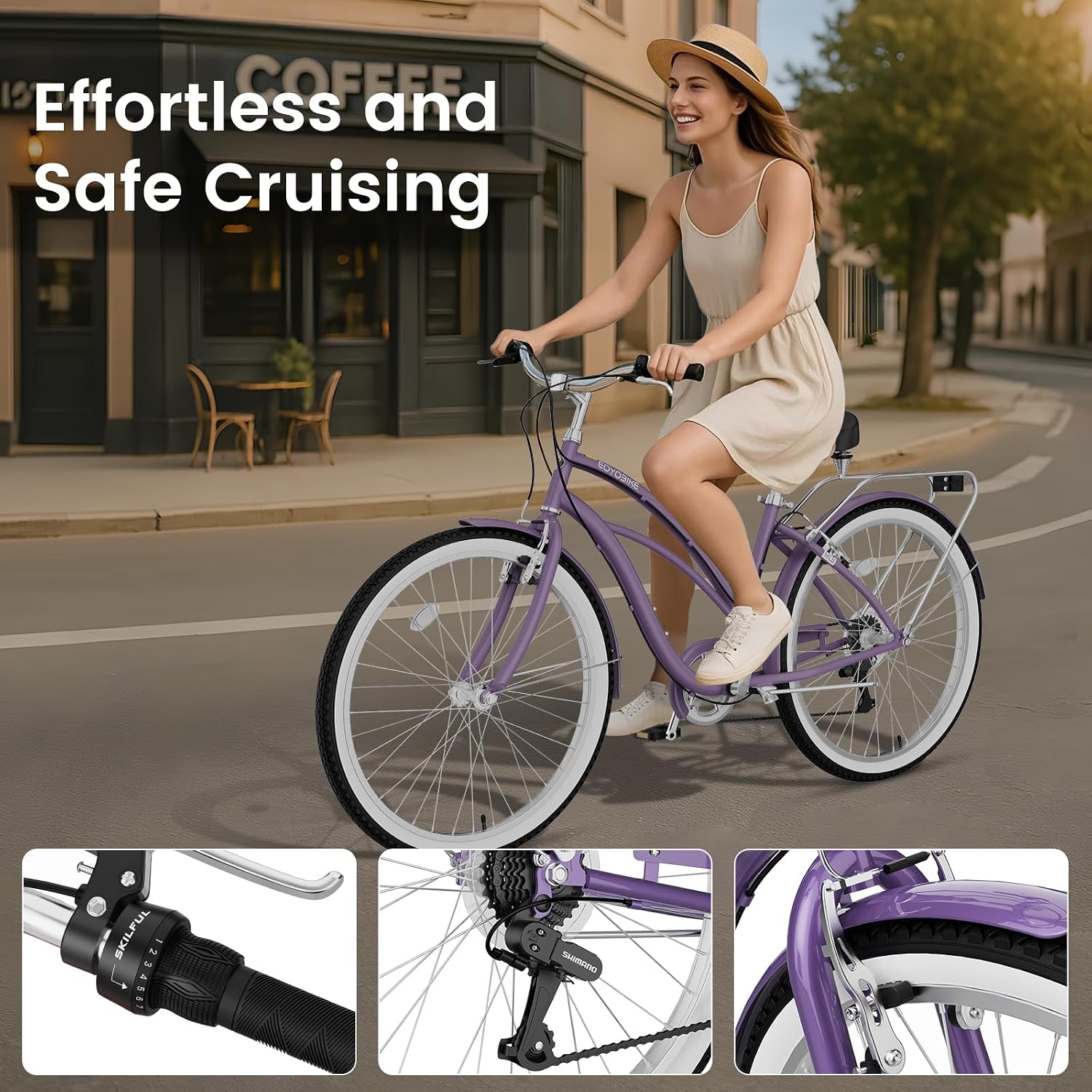 Cruiser Bike for Adults, 7-Speed Beach Cruiser Bicycle, 24/26 Inch Step-Through or High-Bar Frame, Comfort City Commuter Bike with Rear Rack, Fenders, Wide Saddle for Women & Men