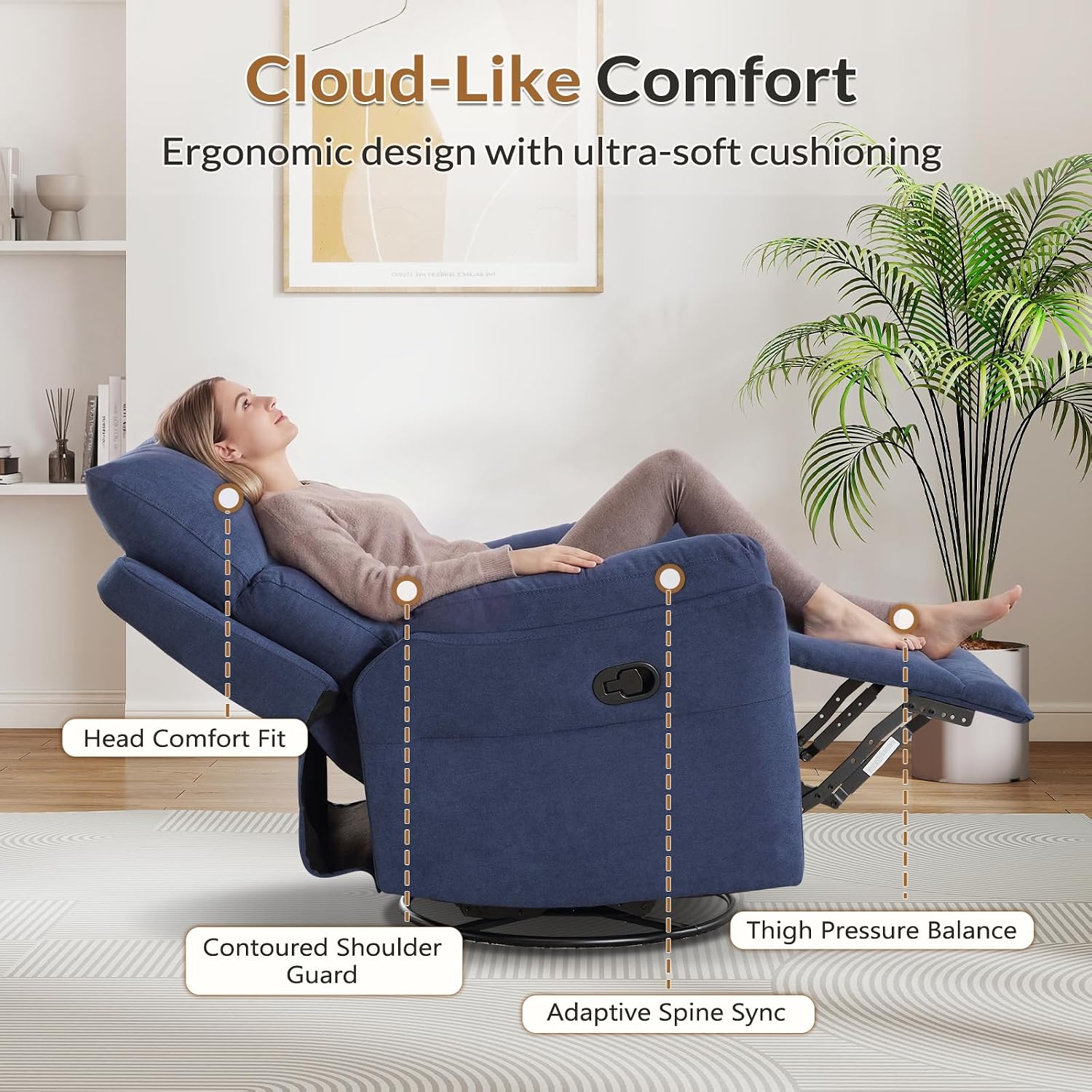 ANJ Swivel Rocker Recliner Nursery Rocking Chairs, Manual Glider Rocking Chair for Adults, Modern Fabric Recliners, 360° Swivel Lazy Boy Recliner Chairs for Living Room, rv, Blue