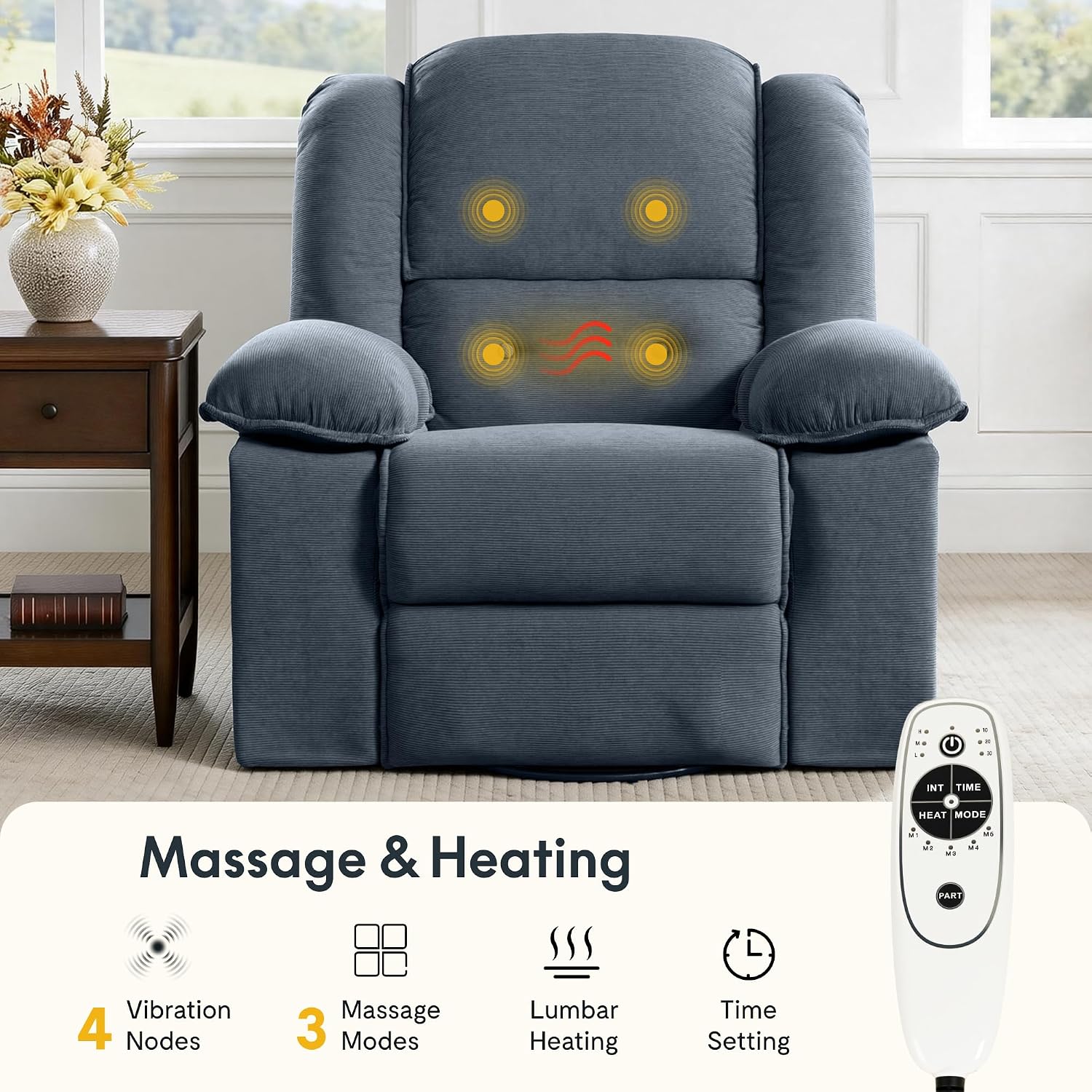 Softa Swivel Rocker Recliner Chair for Adults with Massage & Heat, 360° Swivel Manual Glider Recliner with Side Pocket, Compact Living Room Apartment Reclining Chair (Blue-Grey)