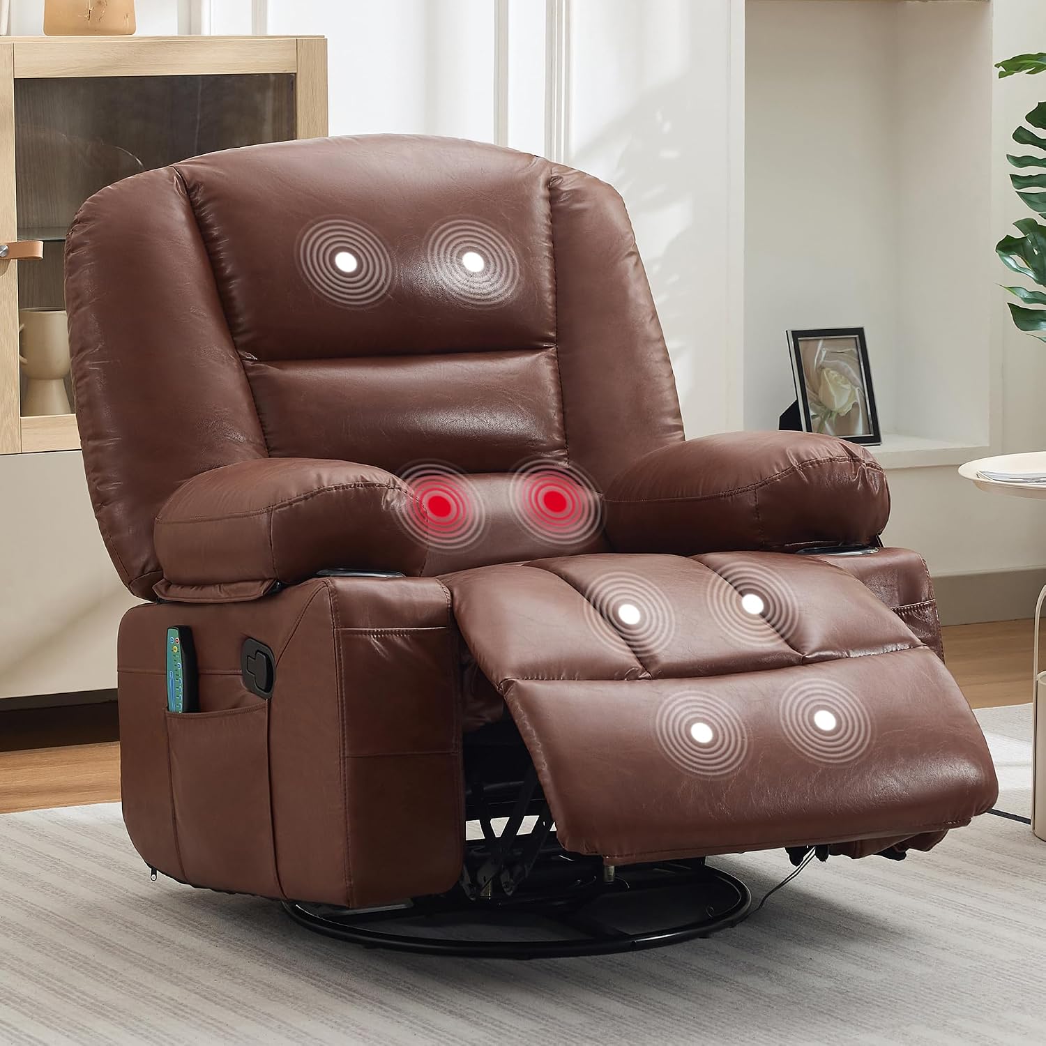 Rocker Recliner Chair with Heat and Massage,Nursery Recliner 360° Swivel Oversized Chairs for Adults,PU Leathe Lazy Boy Single Sofa Seat with 3 Positions, Side Pockets,Cup Holders for Living Room