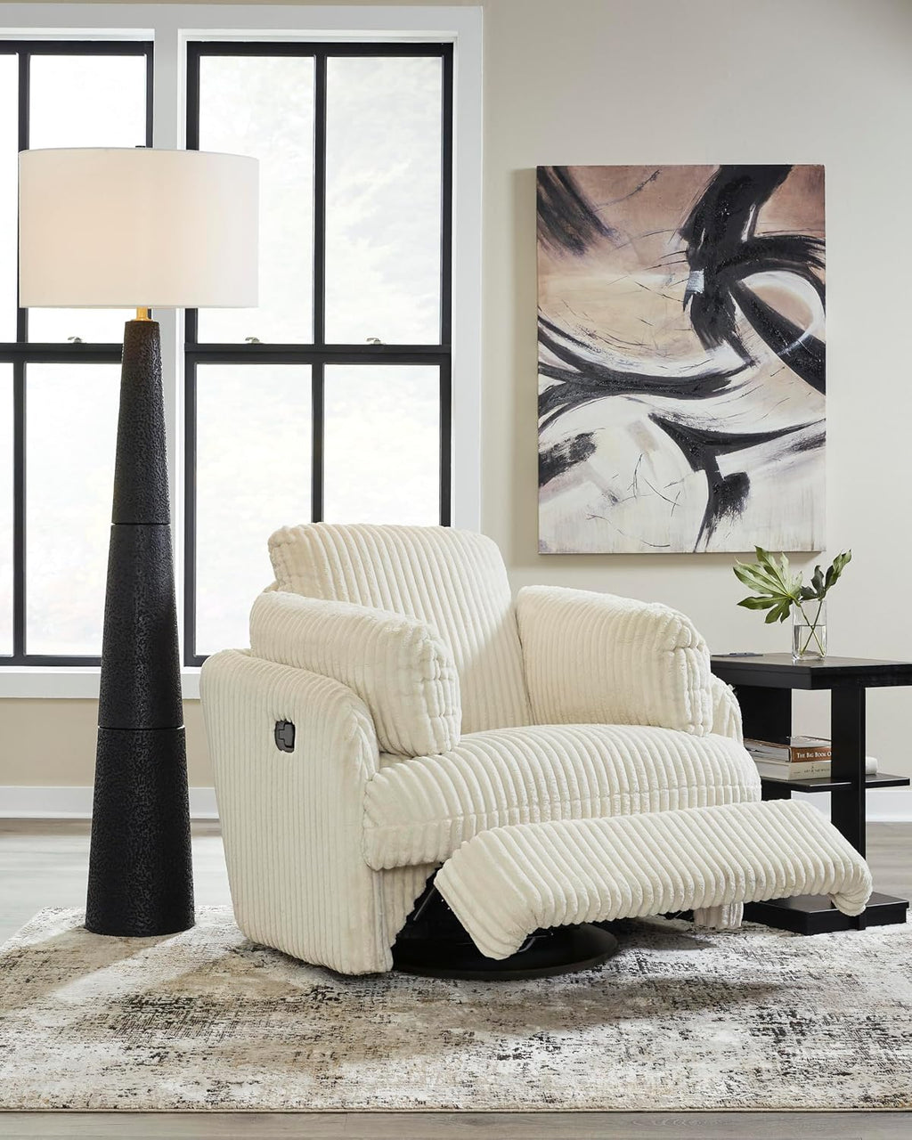 Signature Design by Ashley Tie-Breaker Cozy Contemporary Manual Press-Back Swivel Glider Rocker Recliner with 2 Bolster Pillows and Hidden Storage, White