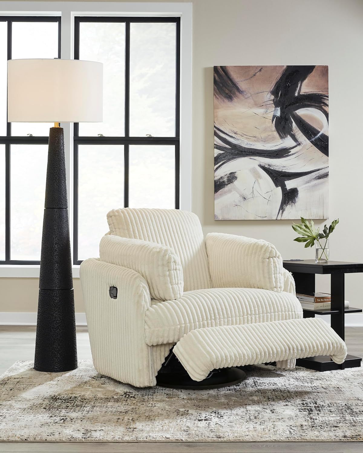 Signature Design by Ashley Tie-Breaker Cozy Contemporary Manual Press-Back Swivel Glider Rocker Recliner with 2 Bolster Pillows and Hidden Storage, White
