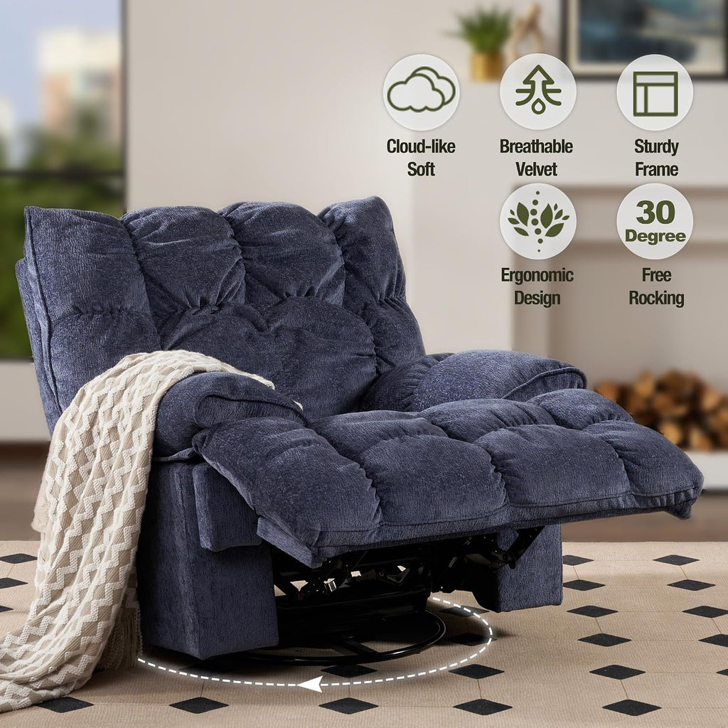 SITJOY Oversized Power Swivel Rocker Recliner Chair, Overstuffed Extra Wide Rocking Chair for Big and Tall, Glider Recliner Nursery Chair, Soft Breathable Fabric in Dark Blue, Manual