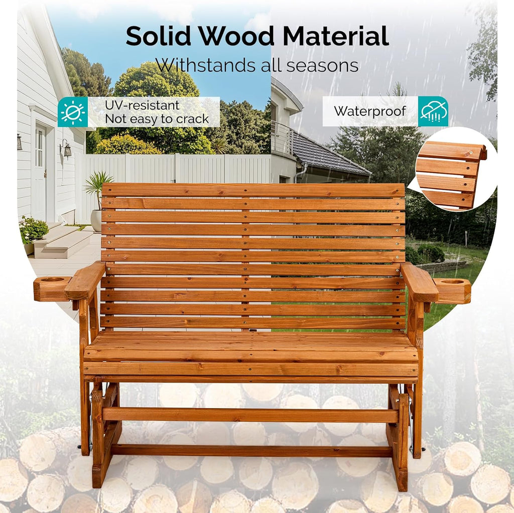 VINGLI Wooden Patio Glider, Heavy Duty 800 LBS Outdoor Glider with Cup Holders, 4 FT Wooden Glider Bench with High Backrest for Garden, Yard, Patio, Teak