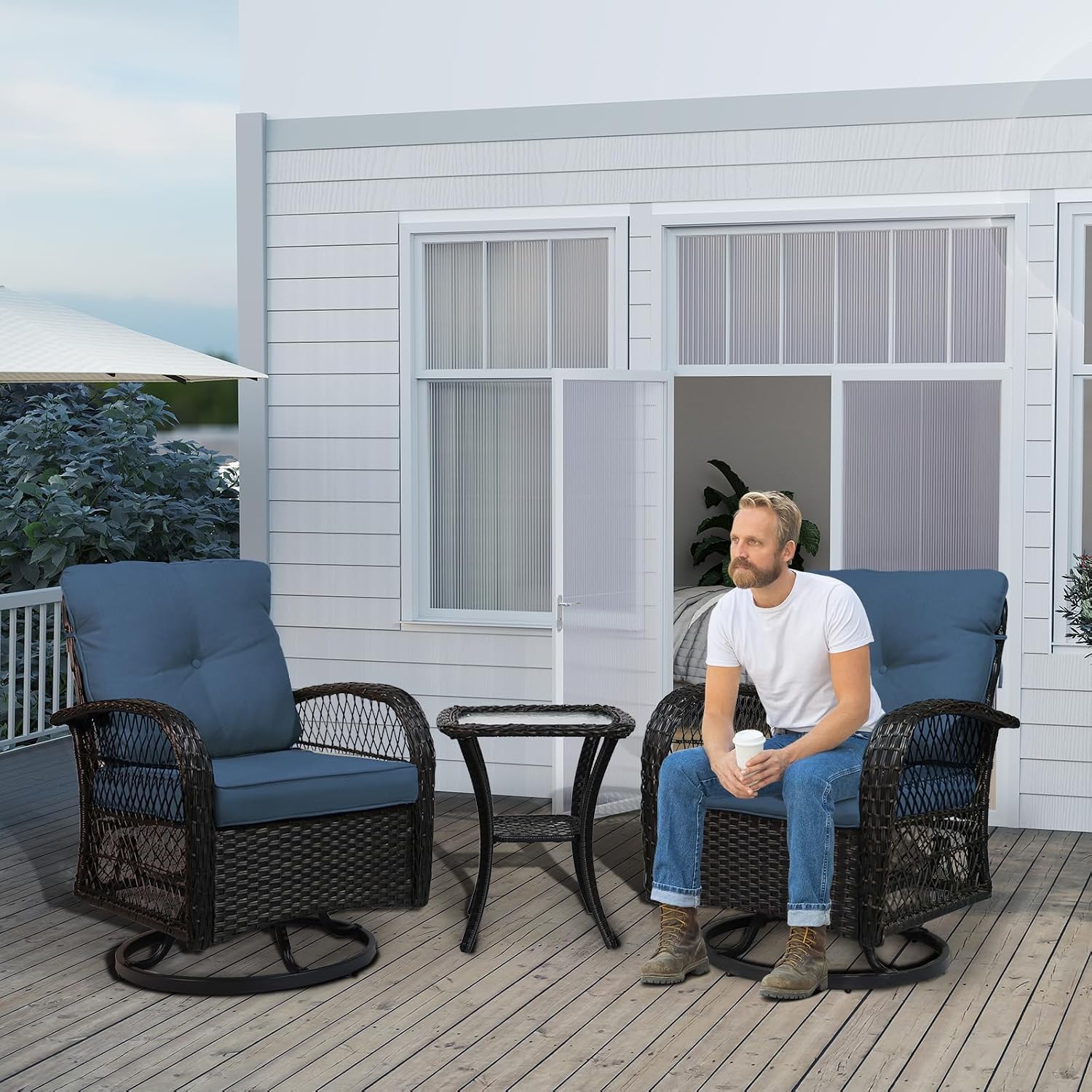 YLGJ&TIDY 3 Pieces Outdoor Swivel Rocker Patio Chair Set Wicker Patio Swivel Chairs with Side Table Cushions High Back Front Porch Rocking Chairs for Patio Balcony Backyard Deck, Blue