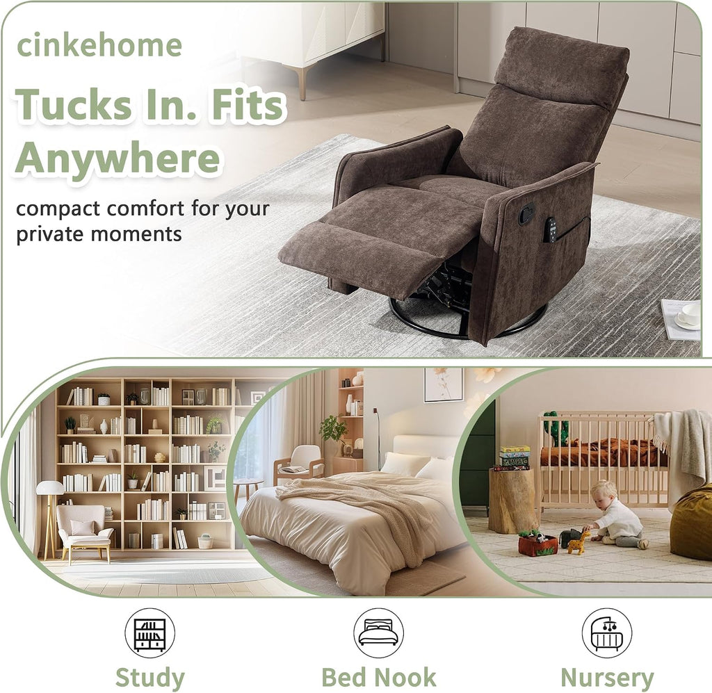 cinkehome Swivel Rocker Recliner, Glider Rocker Recliner Chair for Nursery, Manual Reclining Chair with Heated Massage, Small Spaces, Living Room, Linen Brown