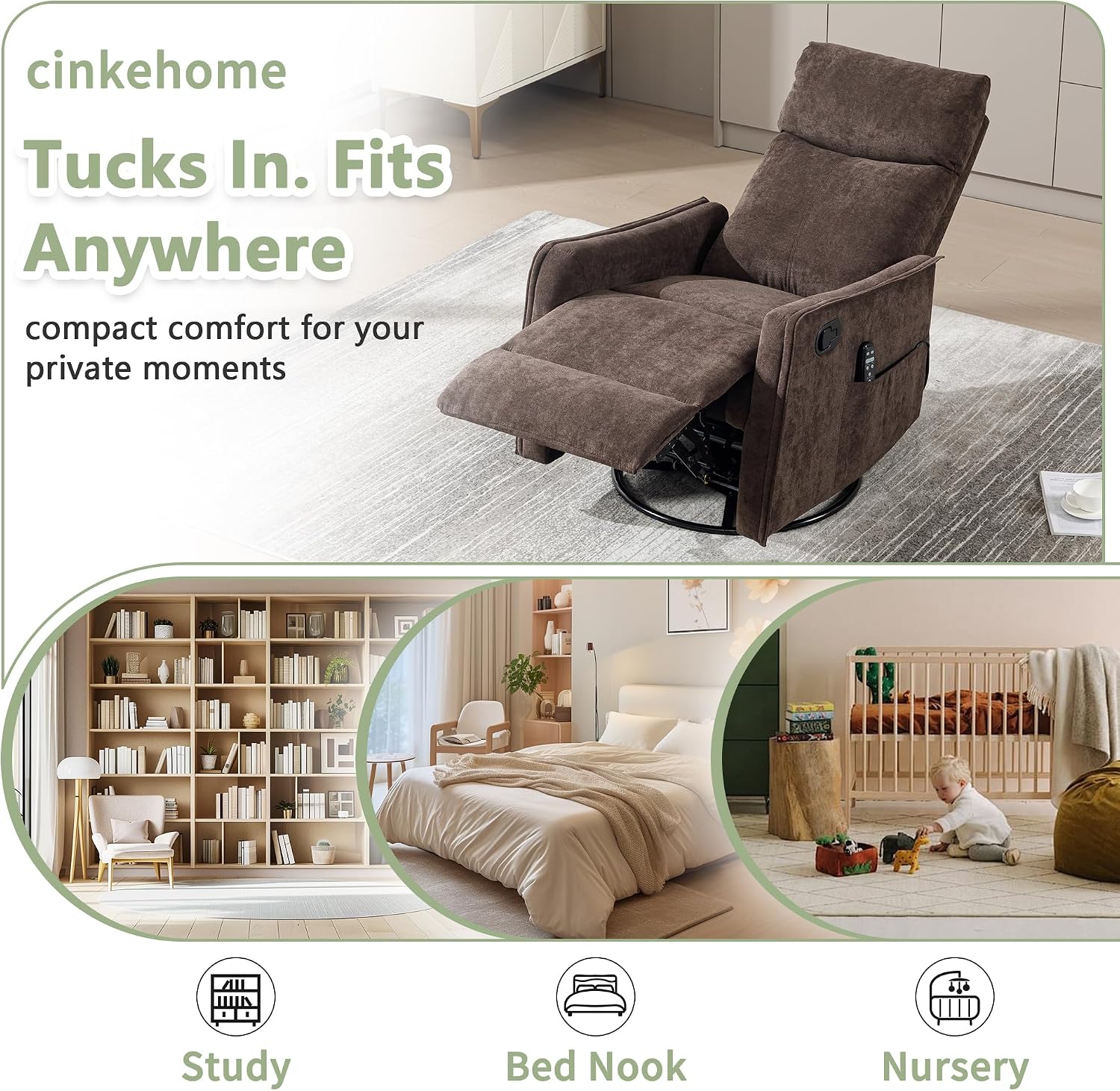 cinkehome Swivel Rocker Recliner, Glider Rocker Recliner Chair for Nursery, Manual Reclining Chair with Heated Massage, Small Spaces, Living Room, Linen Brown