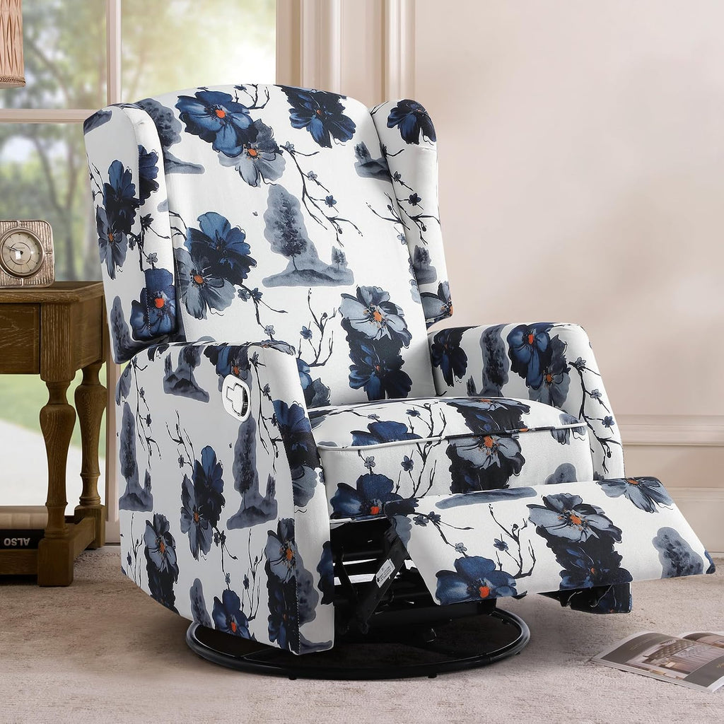 Swivel Rocker Recliner, Manual Rocker Recliner Chair for Adults, Glider Rocking Chair for Nursery with Padded Seat, 360° Swivel Rocking Chair Small Recliners for Small Spaces (1, Ink Blue)