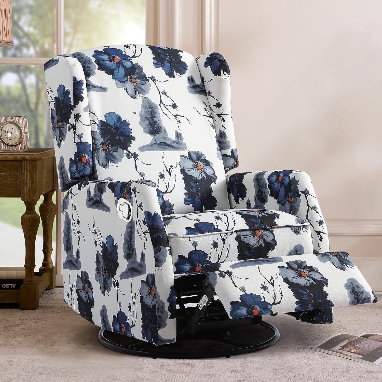Swivel Rocker Recliner, Manual Rocker Recliner Chair for Adults, Glider Rocking Chair for Nursery with Padded Seat, 360° Swivel Rocking Chair Small Recliners for Small Spaces (1, Ink Blue)