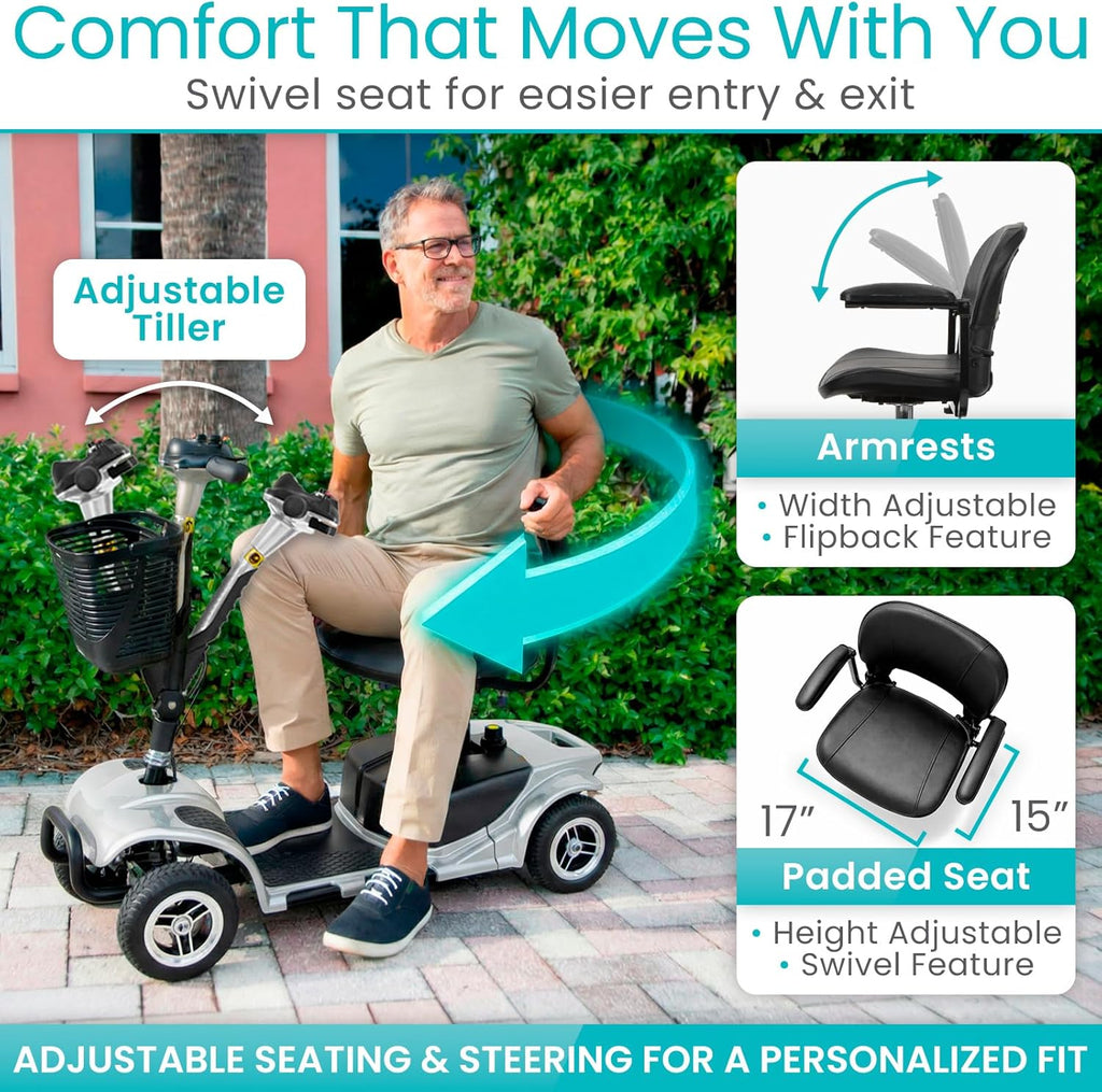 Vive 4 Wheel Mobility Scooter - Electric Powered Wheelchair Device - Compact Heavy Duty Mobile for Travel, Adults, Elderly - Long Range Power Extended Battery with Charger & Basket