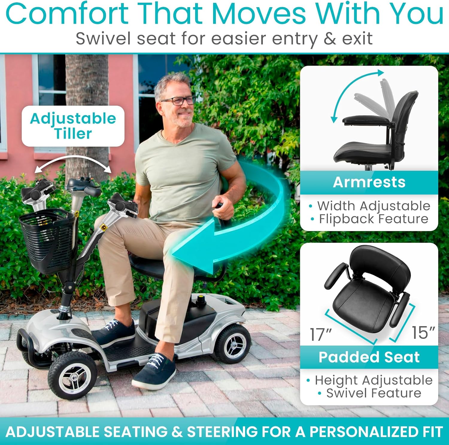 Vive 4 Wheel Mobility Scooter - Electric Powered Wheelchair Device - Compact Heavy Duty Mobile for Travel, Adults, Elderly - Long Range Power Extended Battery with Charger & Basket