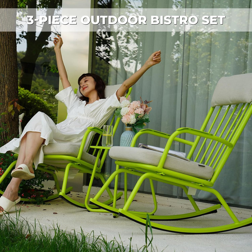 Grand patio Rocking Chair Outdoor, Bistro Table and Chairs Set, Steel Rocking Chairs with Cushions and 18-inch Coffee Table, Outdoor Bistro Set for Patio Porch Deck, Lime Green
