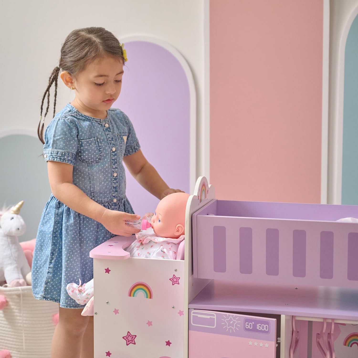 Olivia's Little World Fantasy Care Doll Nursery 6-in-1 Unicorn Themed Baby Station with Cradle, Washer, High Chair, Sink & Closet with 3 Wooden Hangers for Pretend Play, for Girls Ages 3 and Up