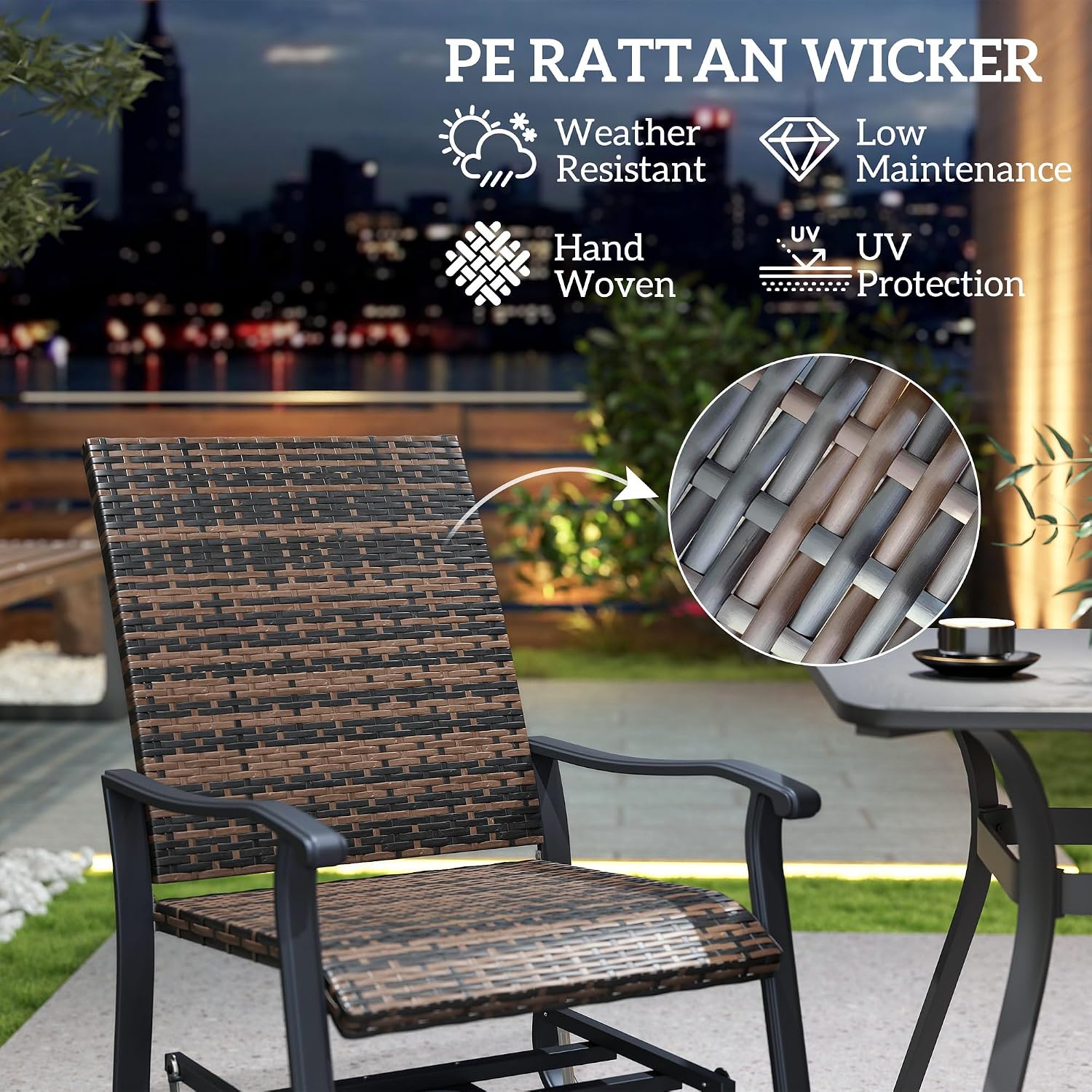 Outsunny Patio Glider Chair Set of 2, Wicker Rattan Outdoor Swivel Chair with Steel Frame, High Back, Armrests, Porch Glider with Adjustable Foot Pads for Garden, Lawn, Backyard, Brown