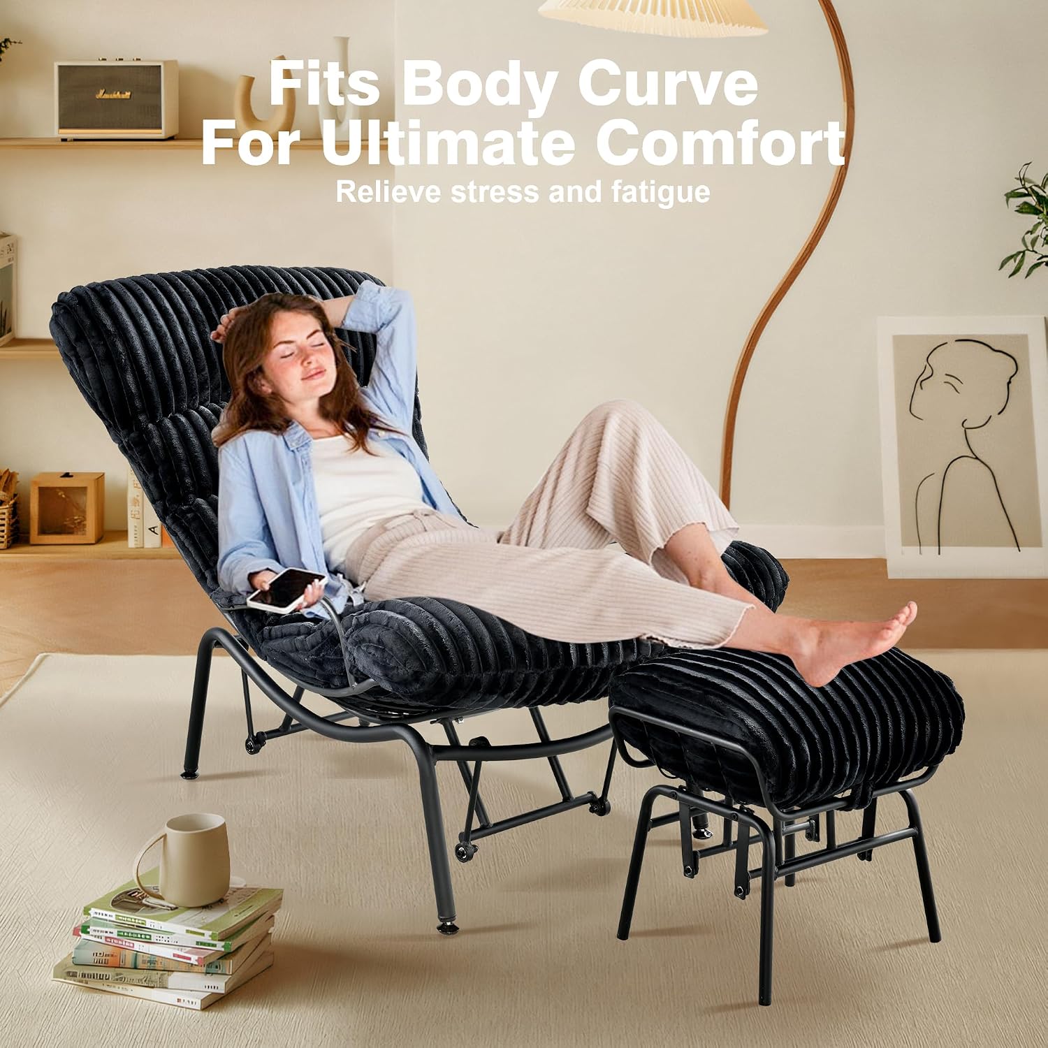 ovios Rocking Chair with Ottoman, Glider Recliner with Footrest, Lazy Accent Armchair with Comfy Cushion for Living Room Bedroom Office, Cloud Plush Corduroy, Black