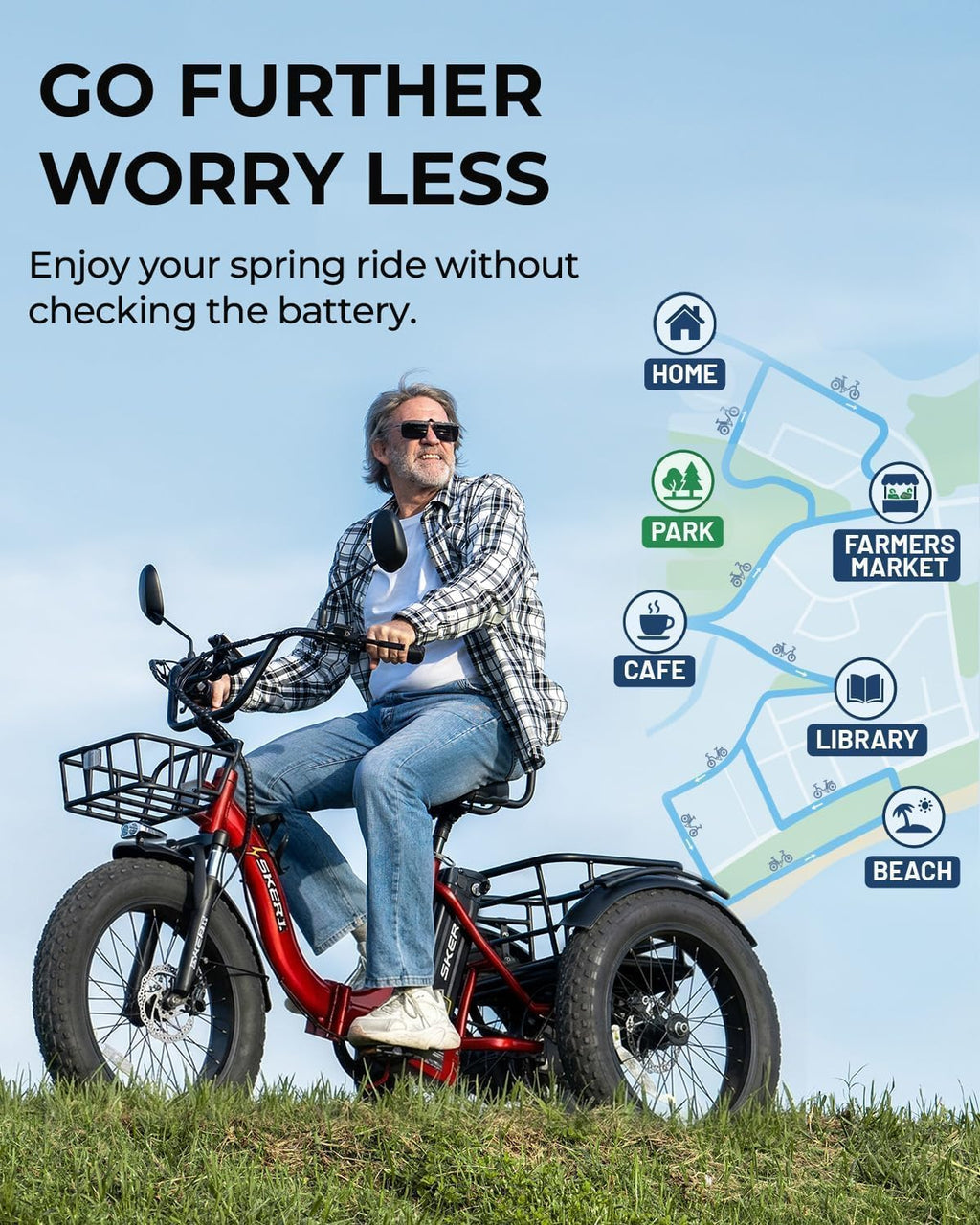 Skeri Electric Tricycle for Adults, 750W(Peak 1350W) Motor Etrike, 20'x4' Folding Fat Tire Electric Trike, 48V13Ah Battery, 3-Wheel Electric Bike, 20MPH, Front & Rear Basket & Differential
