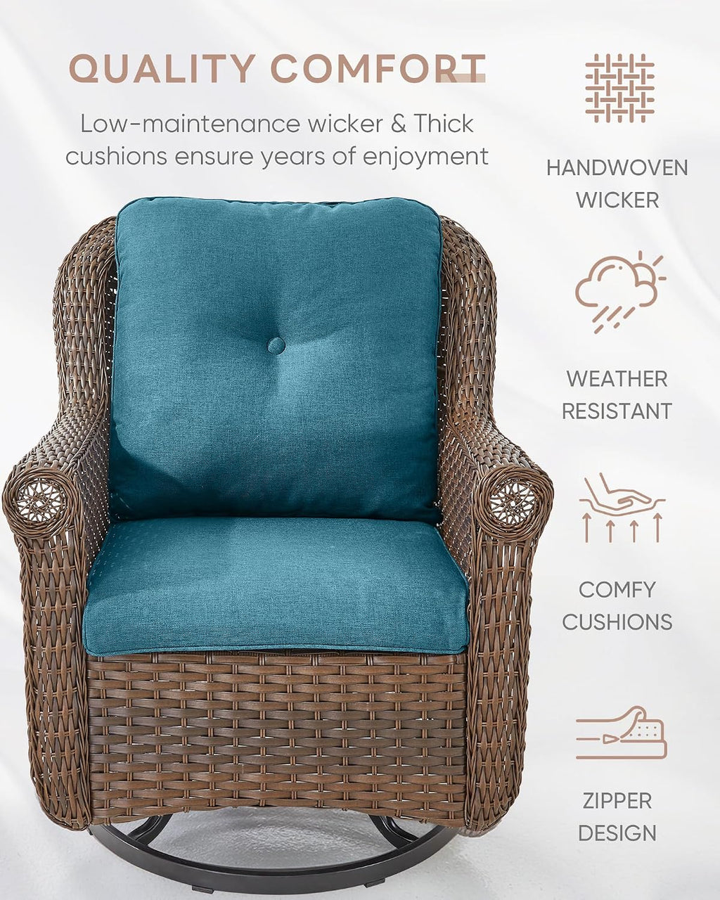 Patio Chairs Outdoor Swivel Glider - Set of 2 High Back Outside Brown Wicker Rattan Rocking Chair with Zippered Cushion for Porch Apartment Deck Yard Poolside Garden - Peacock Blue