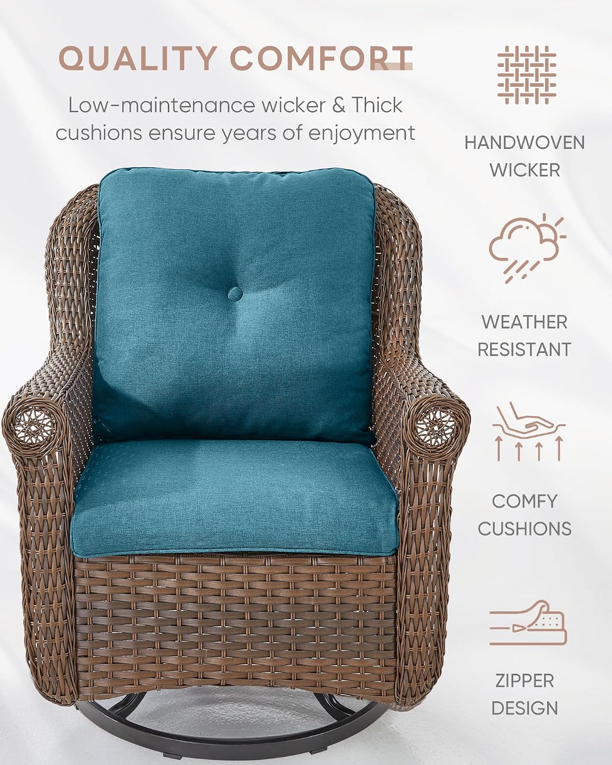 Patio Chairs Outdoor Swivel Glider - Set of 2 High Back Outside Brown Wicker Rattan Rocking Chair with Zippered Cushion for Porch Apartment Deck Yard Poolside Garden - Peacock Blue