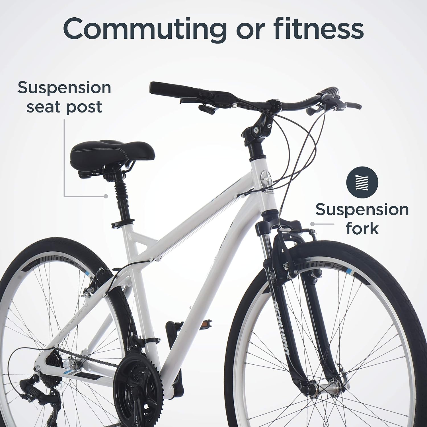 Schwinn Network 3.5 Hybrid Bike, Mens and Womens Bike, 21-Speed Hybrid Bicycle, Aluminum Frame, Suspension Seat, Alloy Linear Pull Brakes, Adult Bicycle