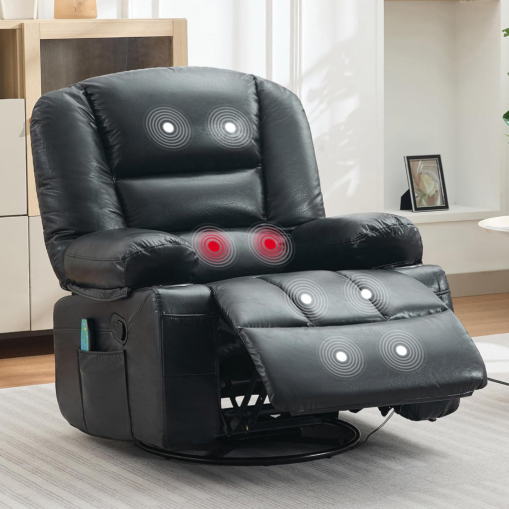 Rocker Recliner Chair with Heat and Massage,Nursery Recliner 360° Swivel Oversized Chairs for Adults,PU Leathe Lazy Boy Single Sofa Seat with 3 Positions, Side Pockets,Cup Holders for Living Room