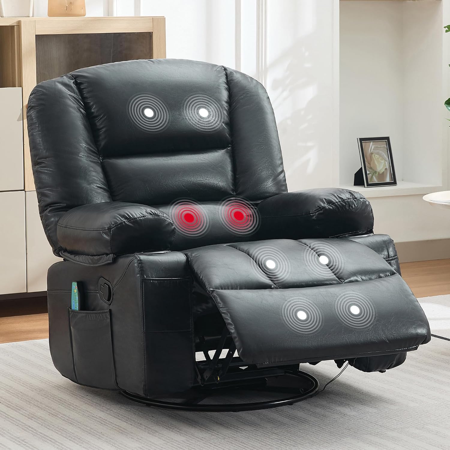 Rocker Recliner Chair with Heat and Massage,Nursery Recliner 360° Swivel Oversized Chairs for Adults,PU Leathe Lazy Boy Single Sofa Seat with 3 Positions, Side Pockets,Cup Holders for Living Room