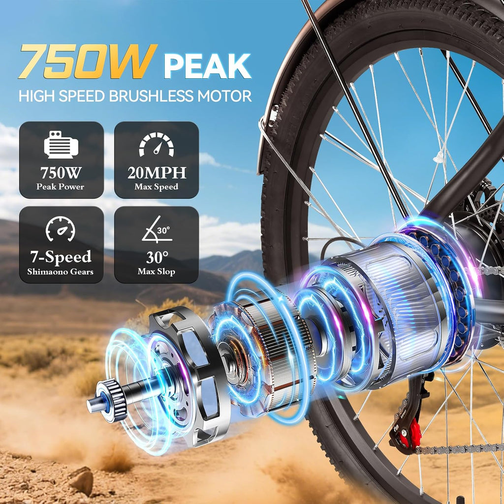 ZNH 750W Electric Bike for Adults, 48V 13Ah Removable Battery, 26' x 1.95' Fat Tire E-Bike, Up to 50 Miles, 7-Speed Shimano, Hydraulic Suspension, LCD Display, UL2849 Certified, TUV