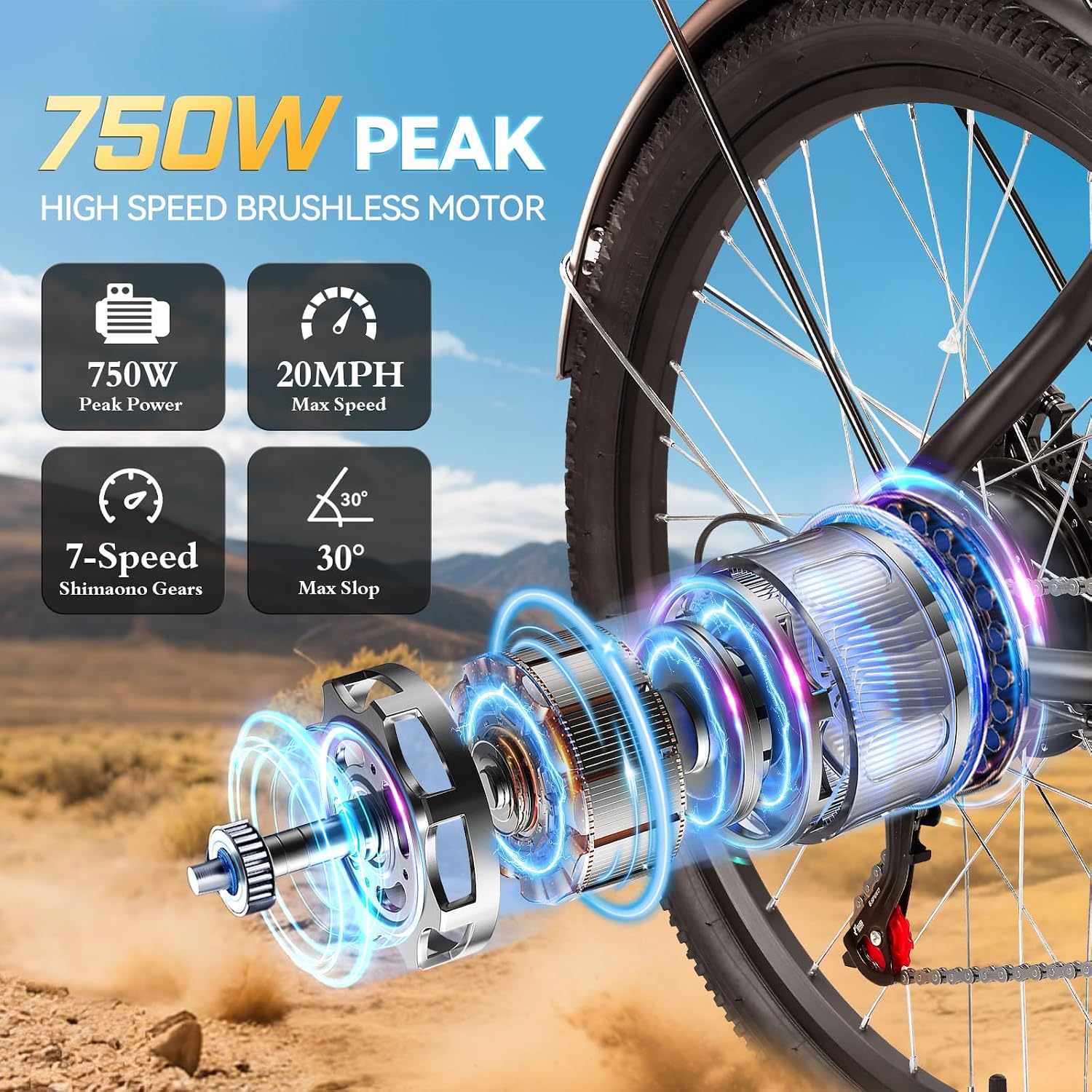 ZNH 750W Electric Bike for Adults, 48V 13Ah Removable Battery, 26' x 1.95' Fat Tire E-Bike, Up to 50 Miles, 7-Speed Shimano, Hydraulic Suspension, LCD Display, UL2849 Certified, TUV